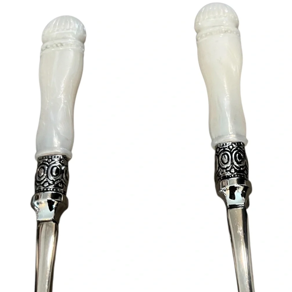 Pair Vintage SLAH Faux Carved Mother of Pearl Handles Salad Serving Spoon & Fork